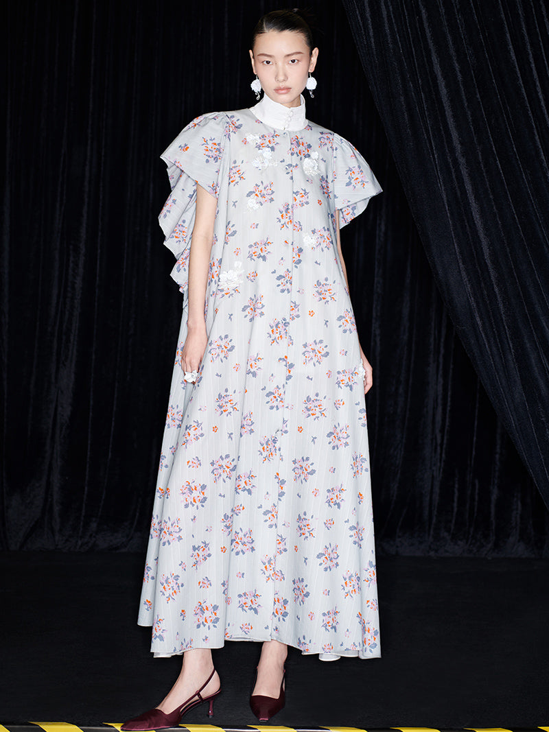 M essential Mackay designer Jinghe Printing floral nail bead puff sleeve dress - HAPPY.