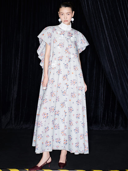 M essential Mackay designer Jinghe Printing floral nail bead puff sleeve dress - HAPPY.