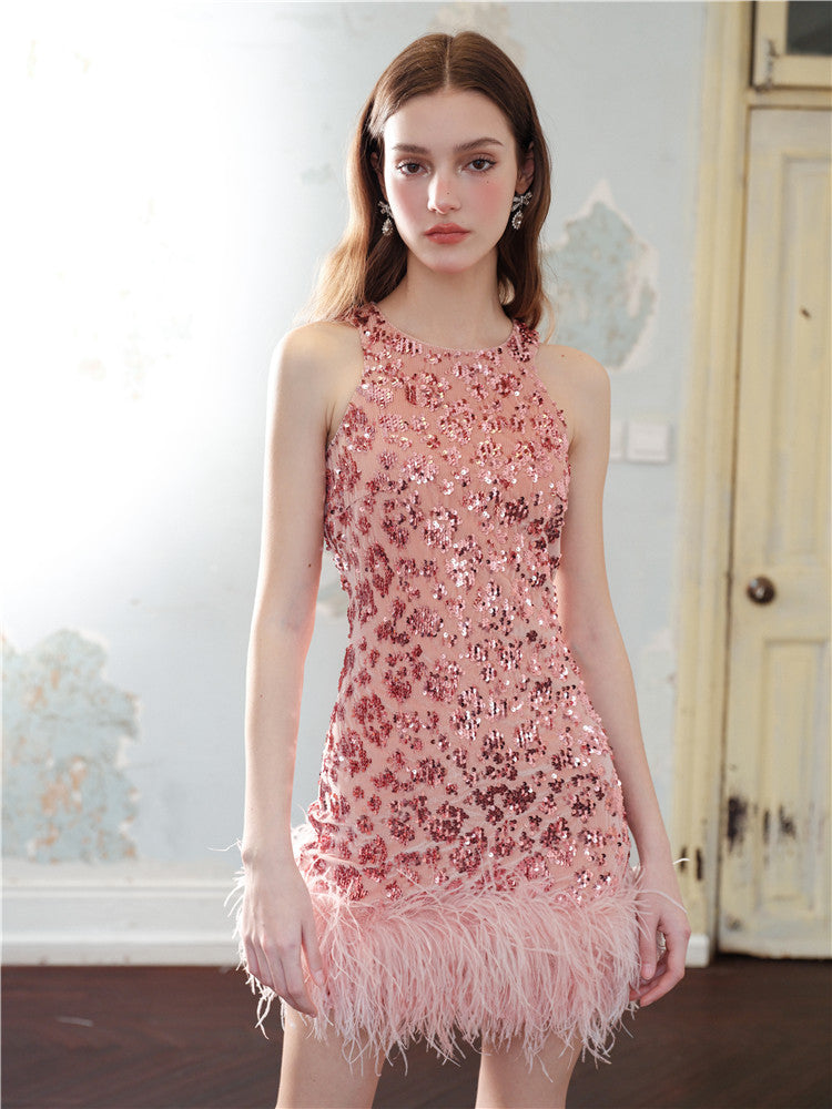 Wardrobes by Chen Dark Rose Pink Floral Sequin Feather Short cocktail Dress-Luciana