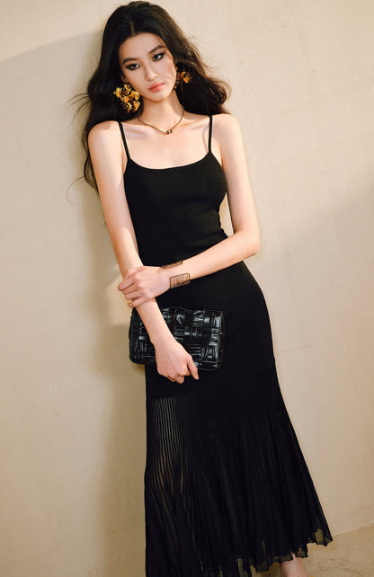 WANGXO | High-Quality Linen Tulle Temperament Suspender Fishtail Dress-LÉYA.