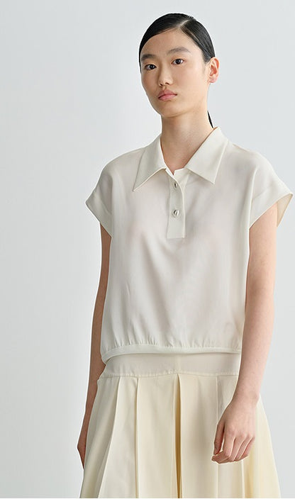 COMME MOI commuter lapel mulberry silk small capped sleeve top - MAP.