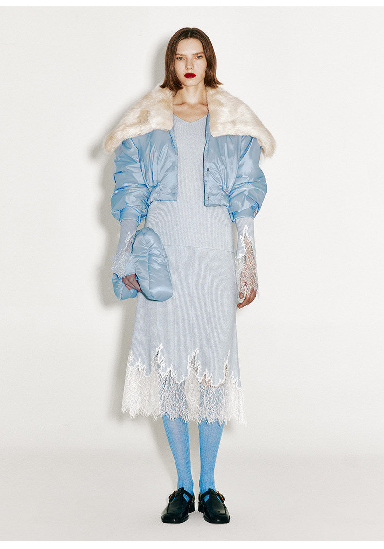 ATELIER MISS LU Fall/Winter elongated lace panelled cashmere wool skirt - JOY