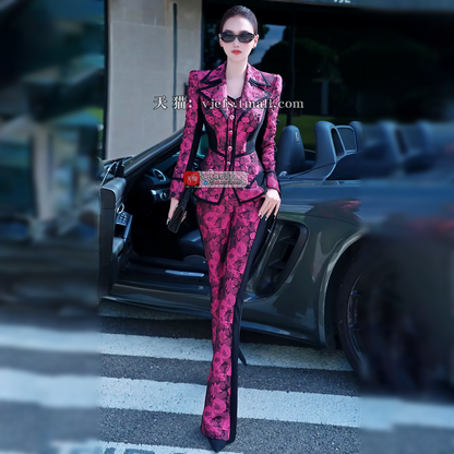 VJE Jacquard Suit Micro Flared Pants Two-Piece Set Slim OL Suit-NAMS.