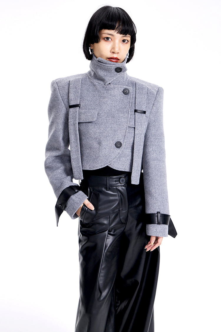 TINY IN leather stitched cropped women's wool jacket -DEKU