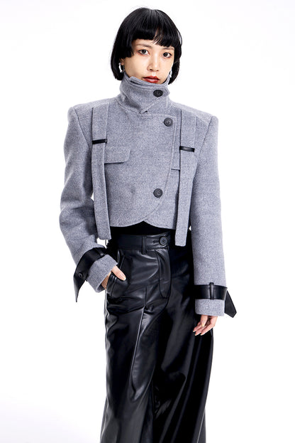 TINY IN leather stitched cropped women's wool jacket -DEKU