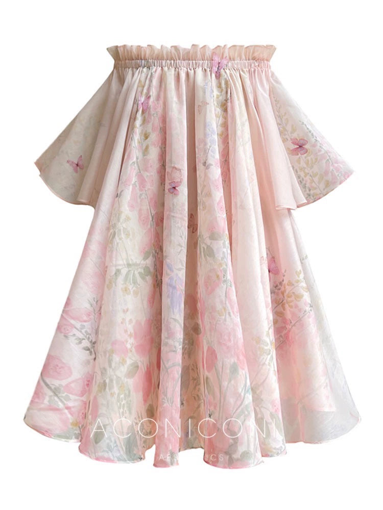 Aconiconi Luxury Off-Shoulder Flower Short Sleeve bridal baby doll Dress - Magnolia Lotus Fragrance