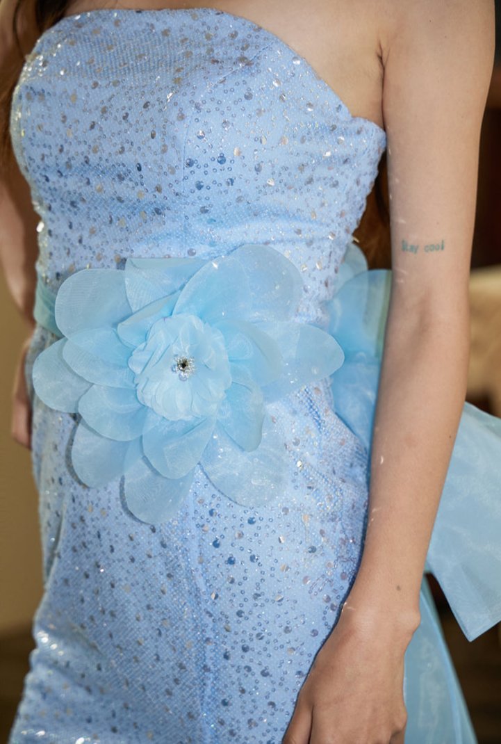 DOLLY Elegant Blue Flower Ribbon Tube Sequin Fish Tail Dinner Dress-LONE