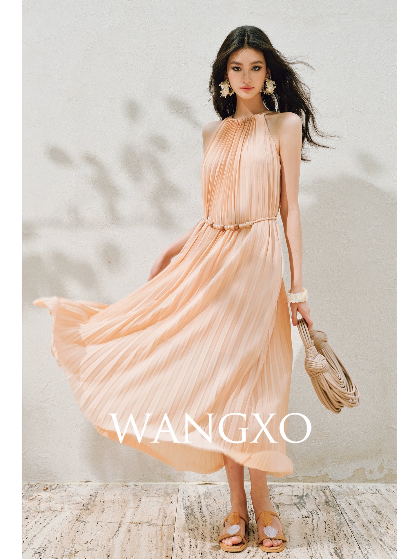 WANGXO | Natural Stone Beaded Halterneck Flowing A-Line Umbrella Skirt -ZENA