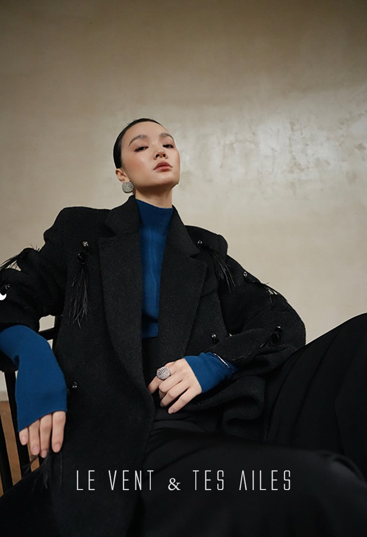LE VENT&TES AILES luxury wool reversible ostrich feather blazer coat-MAVS.