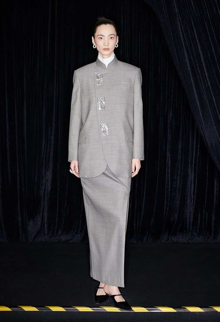 M essential Mackay designer raw linen skinny wool crystal lamp tassel bead suit - CHEN.