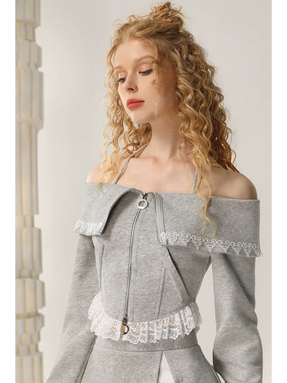 CHECOCRE Stubble Pure Desire Off-Shoulder Sweatshirt Two-Piece mini skirt Set - WENDEL