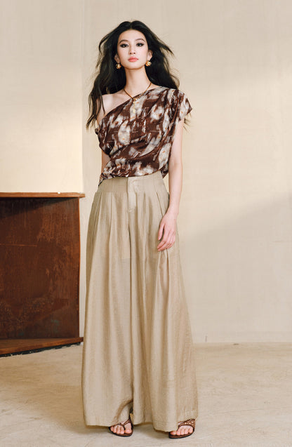 WANGXO Heavy Work Glossy Satin Hand-Pinched Pleats Slanted Shoulders Twisted Top - CERYS