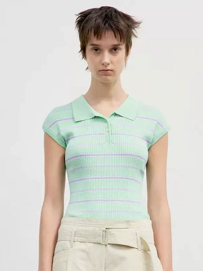 Nothing Written knitted short sleeve t-shirt striped polo neck top camisole-TESS.