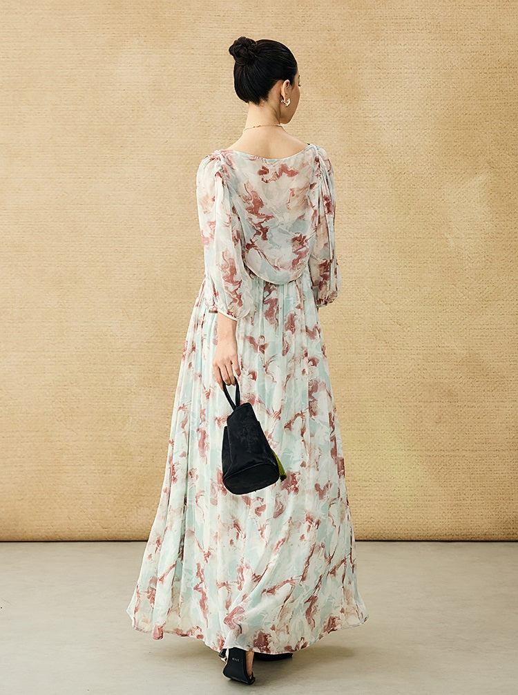 HECO Chinese V-neck camisole chiffon print long dress - BUSE.