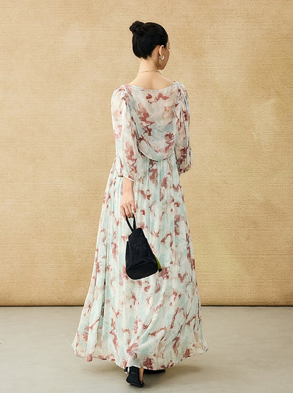 HECO Chinese V-neck camisole chiffon print long dress - BUSE.