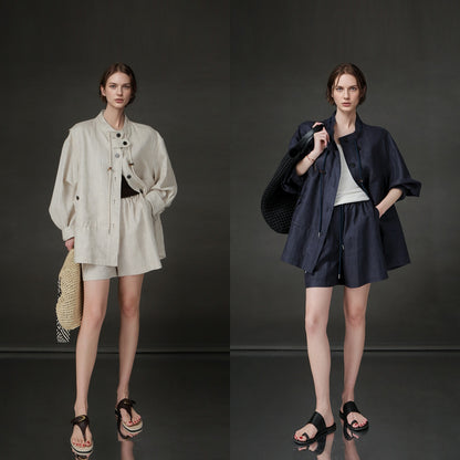 PIAOIN Light Luxury Tencsel Linen Elasticated Waist Drawstring Shorts Versatile Straight Pant-AMELIA