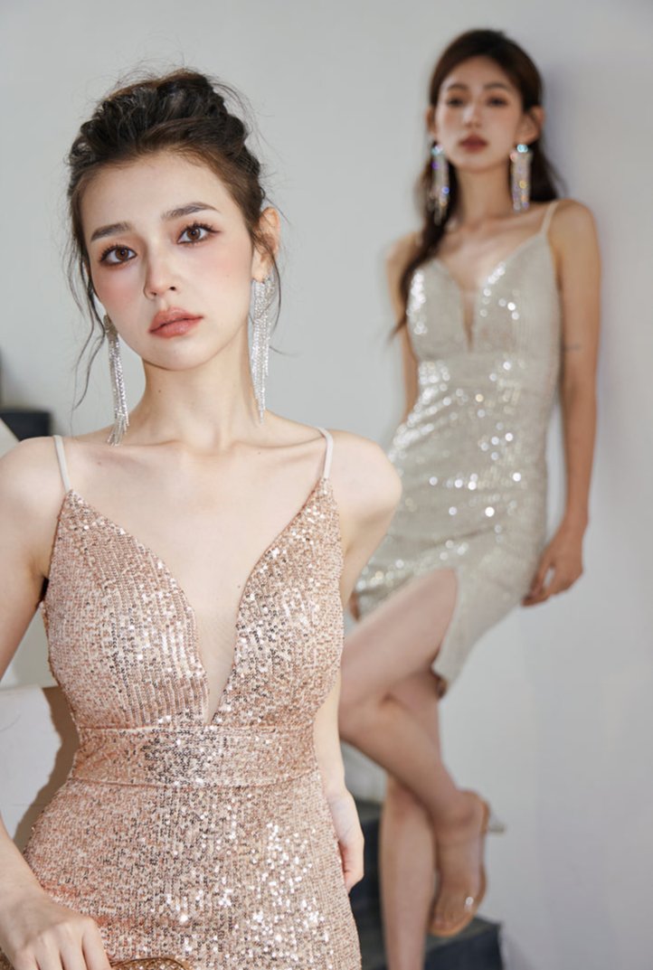 DOLLY Elegant Deep V-Neck Sleeveless Sequin Long Slim Fit Evening Dress-IVONNE