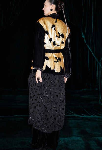 M essential Mackay designer non-jerked velvet tribal totem beaded coat - shut.