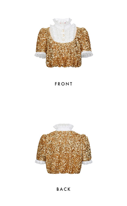 FAME gold sequins lace vintage stand collar holiday top skirt set - Mei