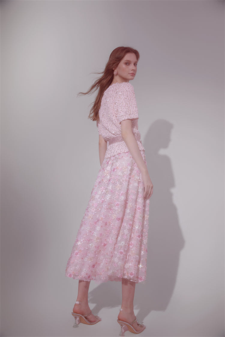 Wardrobes by Chen Elegant Pink Sequin Embroidered Long midi Skirt - Jiaa