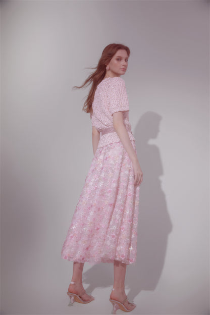 Wardrobes by Chen Elegant Pink Sequin Embroidered Long midi Skirt - Jiaa