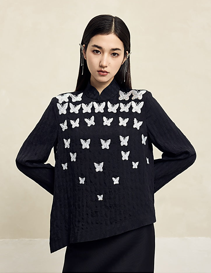 HECO Butterfly Beads Embroidered Stand-Up Collar black white T-Shirt - WORDS.