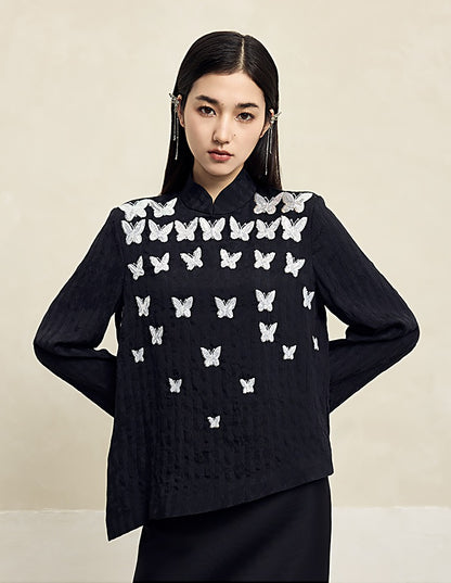 HECO Butterfly Beads Embroidered Stand-Up Collar black white T-Shirt - WORDS.