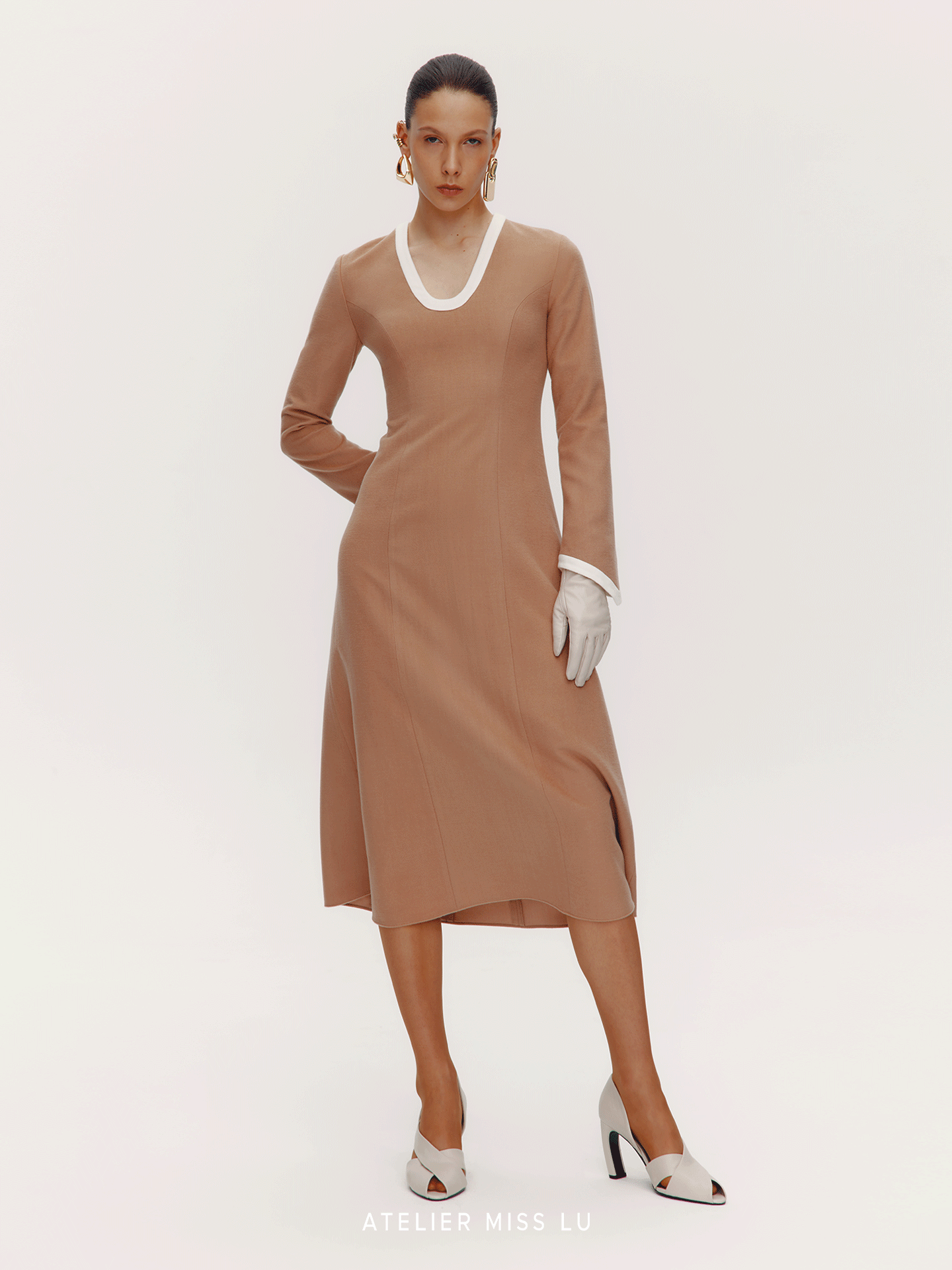 ATELIER MISS LU Old Money Sheep Wool Blend Long Sleeve Dress - RED.