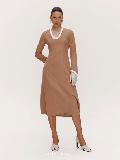ATELIER MISS LU Old Money Sheep Wool Blend Long Sleeve Dress - RED.