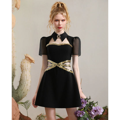 CHECOCRE summer new gold sequencil hollow design thin little black dress - NIDE.