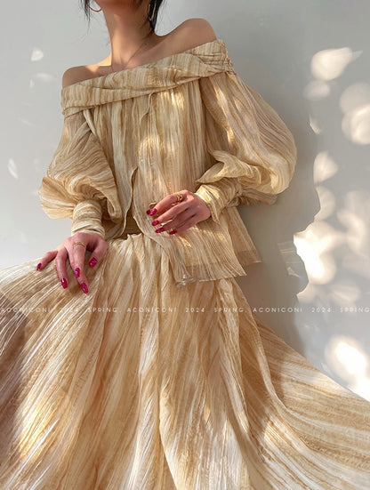 Aconiconi Elegant Wave Pattern Long Sleeve Loose Wedding Guest Dress- Dune