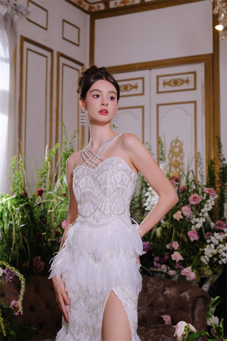 Wardrobes by Chen Luxury Whitebridal  Feather Slit Dinner Dress-Ammy