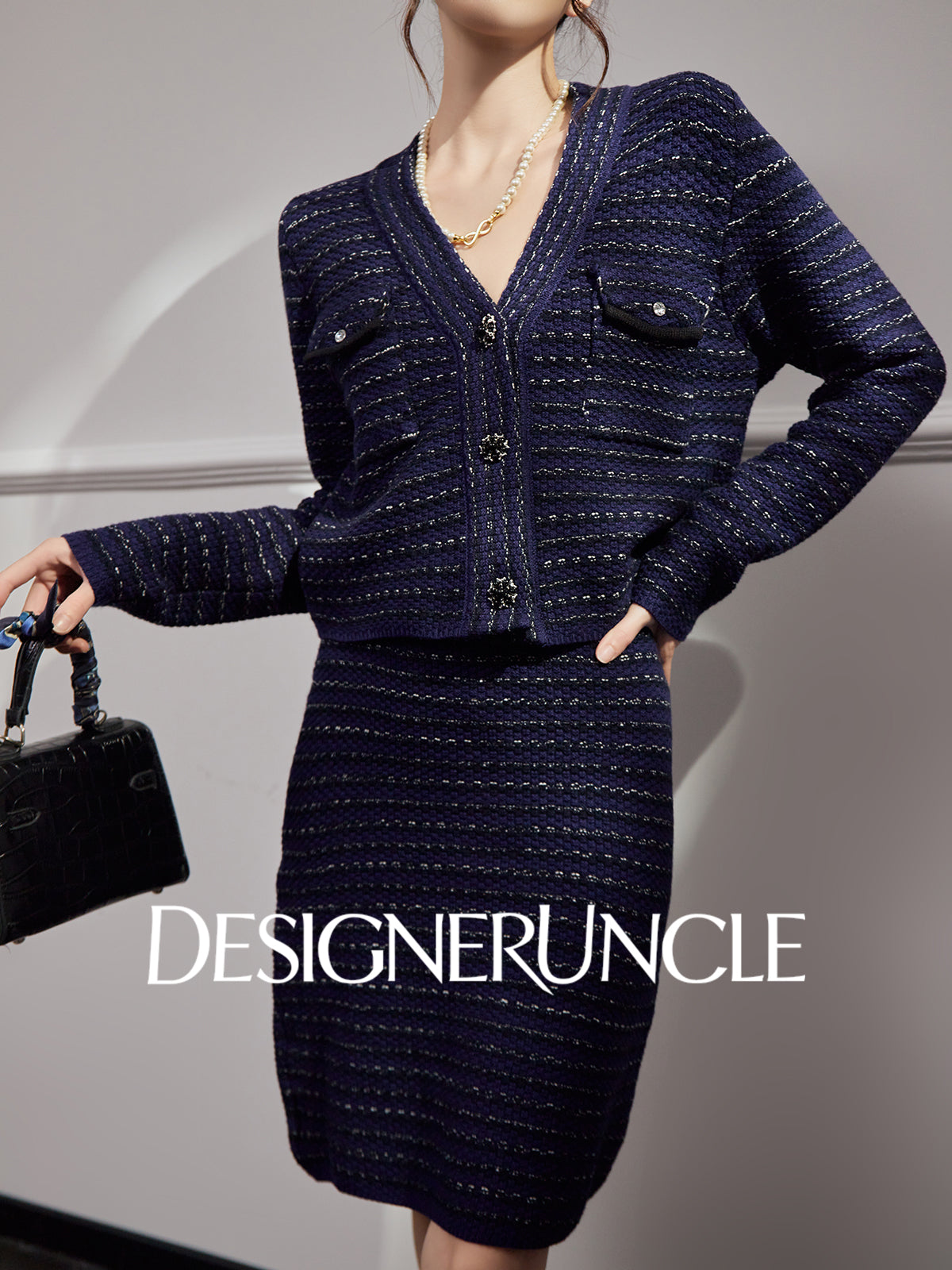 DGU "Ink Room" royal blue new knitted small fragrance temperament versatile two-piece set - Kyle.