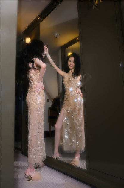 Wardrobes by Chen Elegant Hand-Embroidered Crystal Floral Dress-Dollar