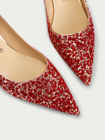 Pjjuu color block ombre sequin red gold pointy toe kitten heel pump - Serka
