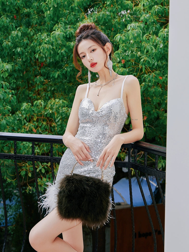 DOLLY Luxury Sliver Sleeveless Sequin Feather Suspender Slim Fit Party Dress-AADHIRA