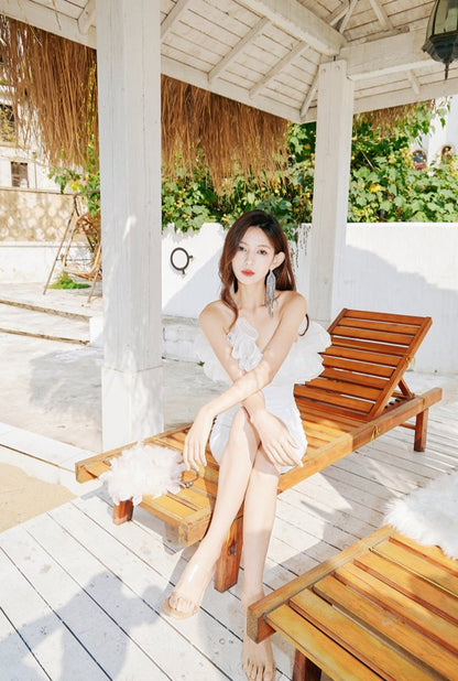 DOLLY Elegant White French Style Ruffled Off Shoulder Short Birthday Dress-AMA