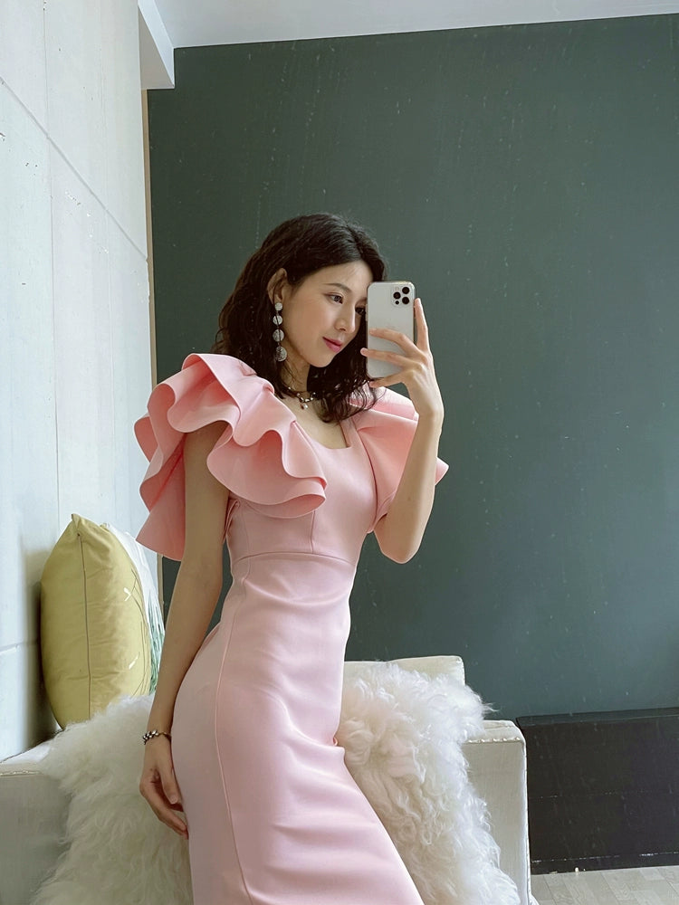 DOLLY Elegant Square Collar Ruffle Short Sleeves Slim Fit Midi Office Dress-HELEN