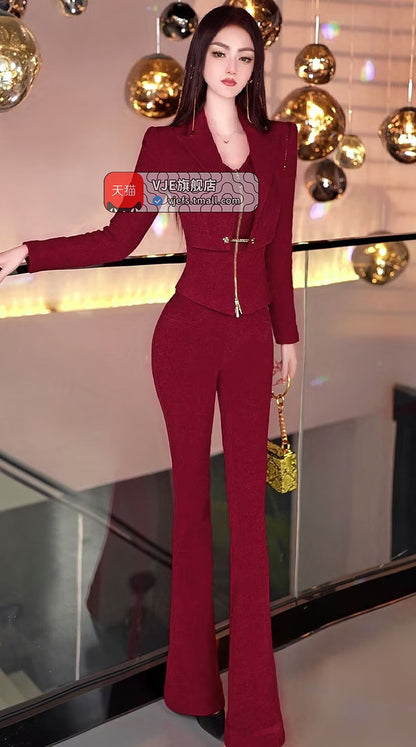 VJE velvet top flared pants two-piece women's OL suit set -FLORA.