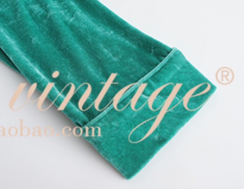 Le Palais Vintage Original New Chinese Green Velvet Wrap Top + Irregular Draped Skirt-TEE.