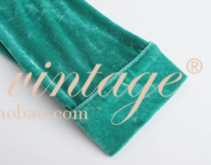 Le Palais Vintage Original New Chinese Green Velvet Wrap Top + Irregular Draped Skirt-TEE.