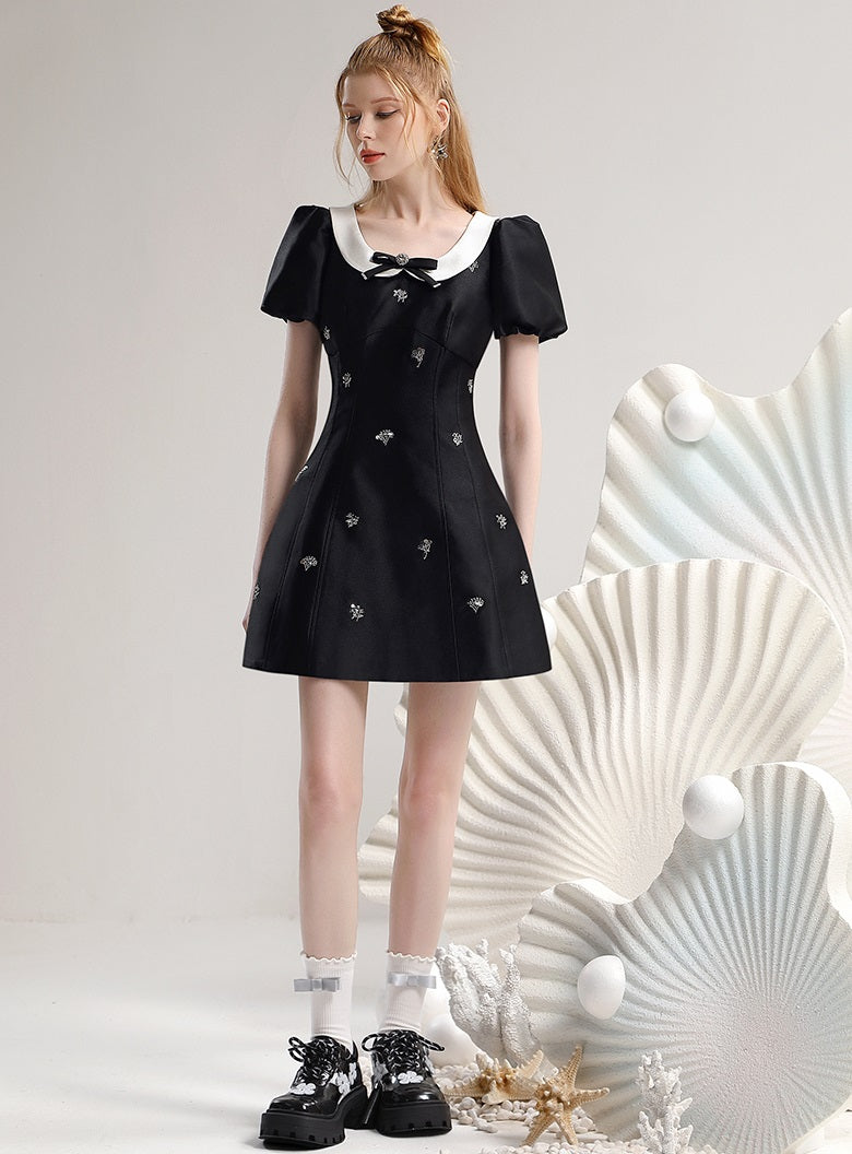 CHECOCORE Elegant  Sequin Doll Collar Women's Short Black Dress - LILLY