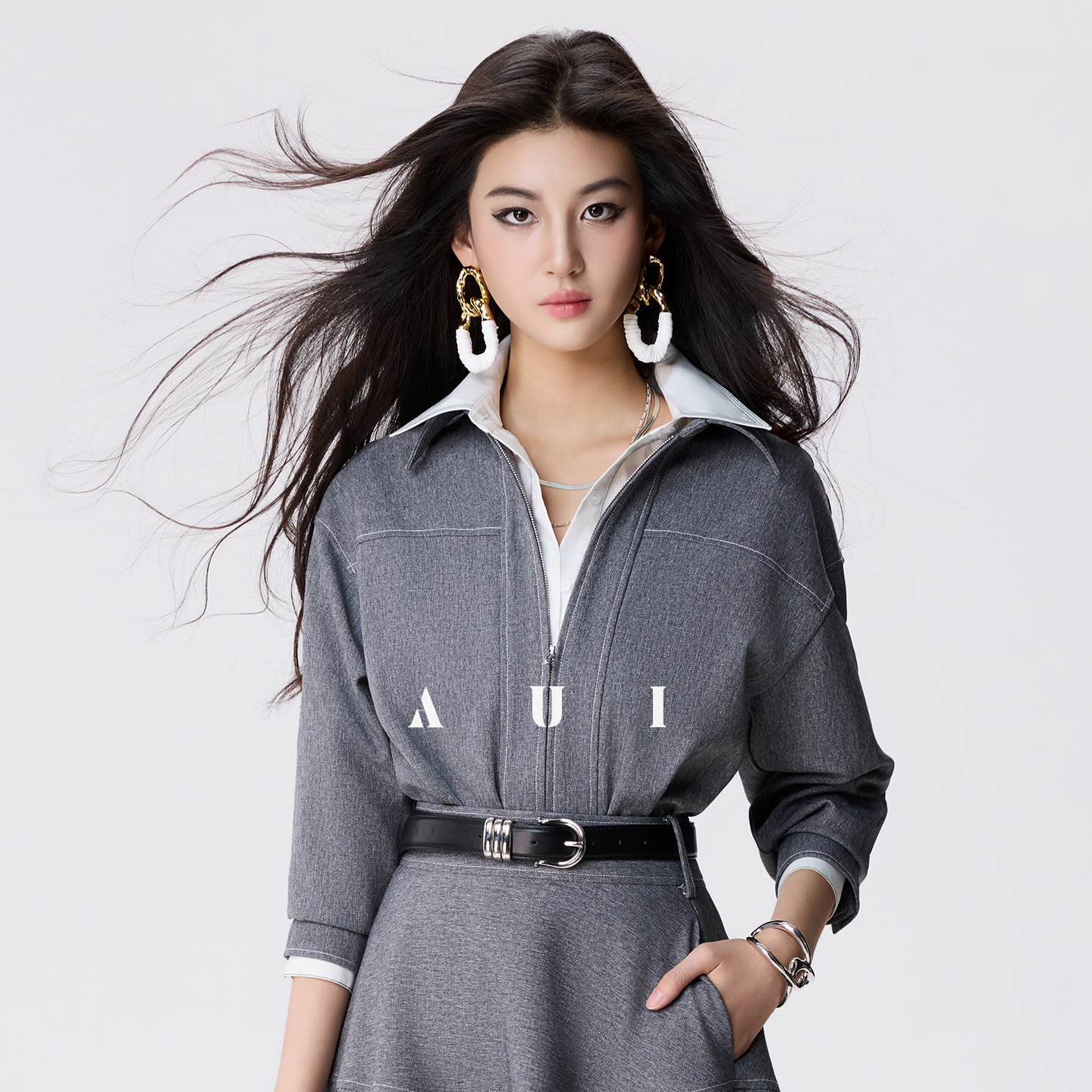 AUI Grey Double Ended Zipper Lapel Jacket Premium A-Line Two-Piece Suit Skirt - Yeong-Ja