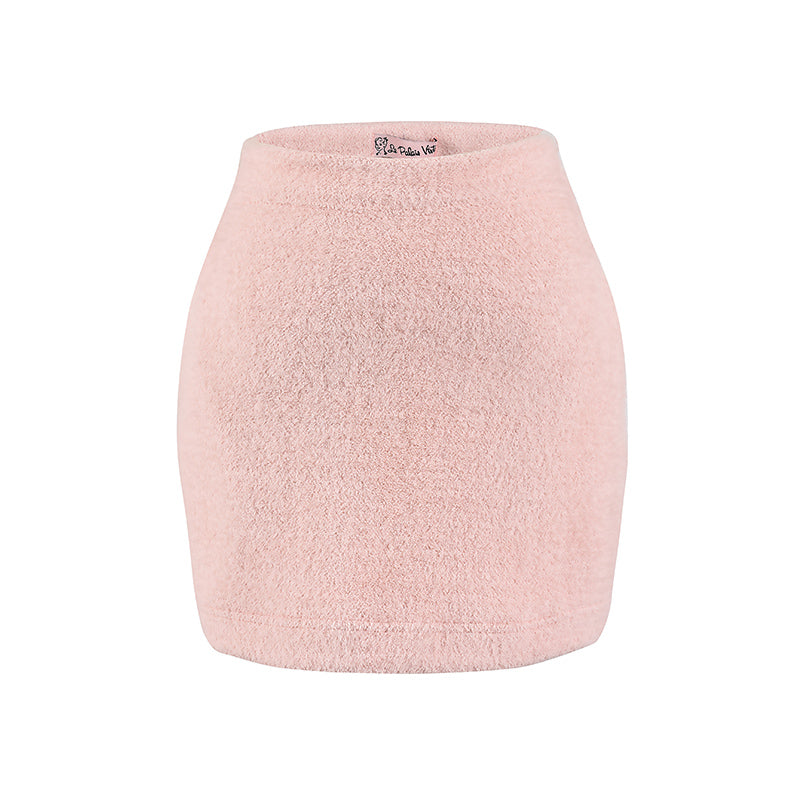 Le Palais Vintage Luxury Two Piece V-neck Top Pink Plush Handbag Short Skirt Suit-Lora