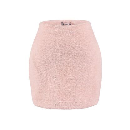 Le Palais Vintage Luxury Two Piece V-neck Top Pink Plush Handbag Short Skirt Suit-Lora