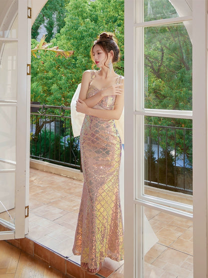 DOLLY Elegant V-Neck Sleeveless High Waist Long Fish Tail Banquet Dress-PHANIE