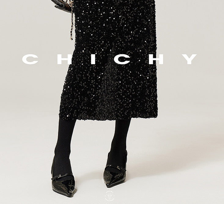 CHICHY temperament velvet sequin black A-line straight skirt -TRACY