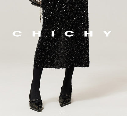 CHICHY temperament velvet sequin black A-line straight skirt -TRACY