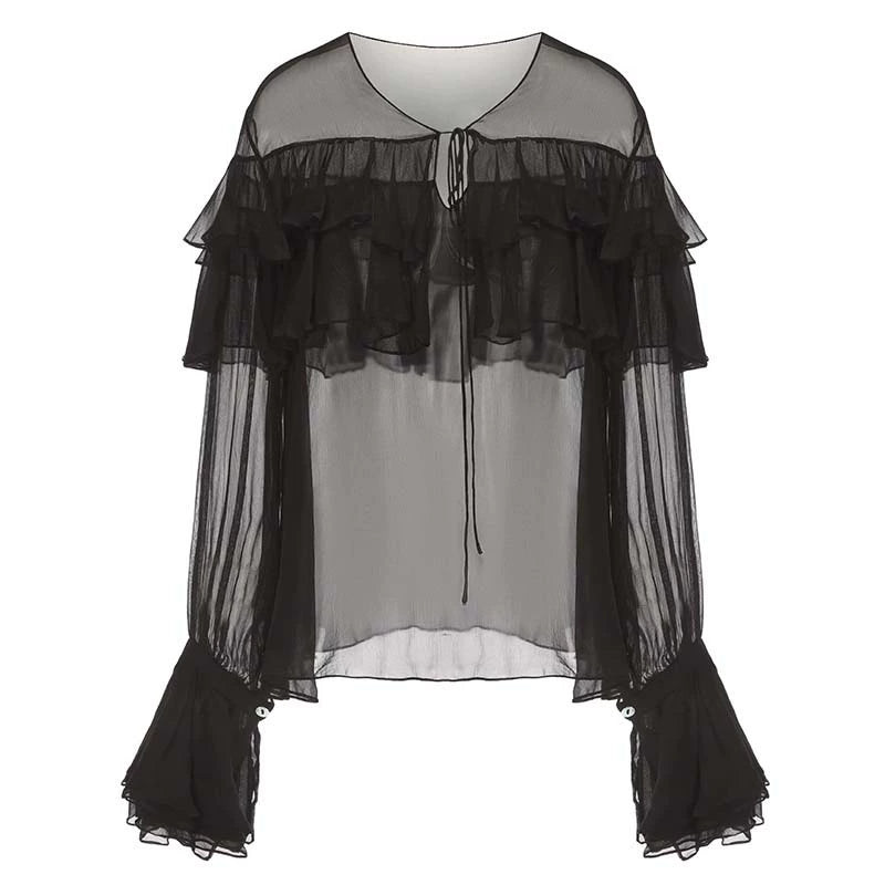 ATELIER MISS LU ruffle design sheer mulberry silk top - THOMAS.