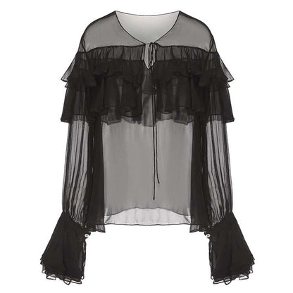 ATELIER MISS LU ruffle design sheer mulberry silk top - THOMAS.